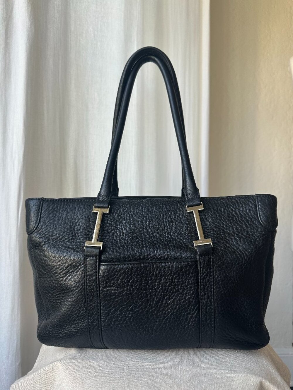 Isaac Mizrahi New York Black Pebbled Leather Shoulder Tote Bag Gold Hardware
